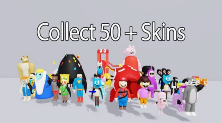The featured image for our Backrooms Morphs codes guide, featuring a white room with a selection of different morphs. Above reads "Collect 50+ skins".
