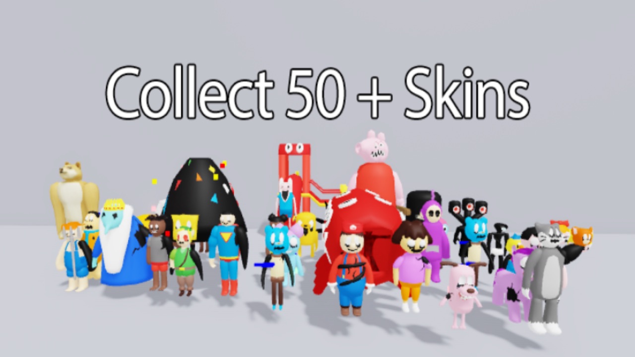 The featured image for our Backrooms Morphs codes guide, featuring a white room with a selection of different morphs. Above reads "Collect 50+ skins".