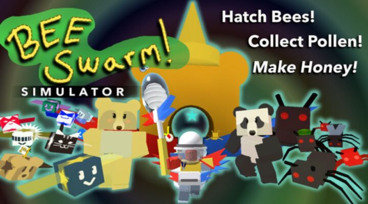 feature image for our bee swarm simulator codes guide, the image features the game's logo as well as various roblox characters such as a bear with text telling you to "hatch bees, collect pollen, and make honey"