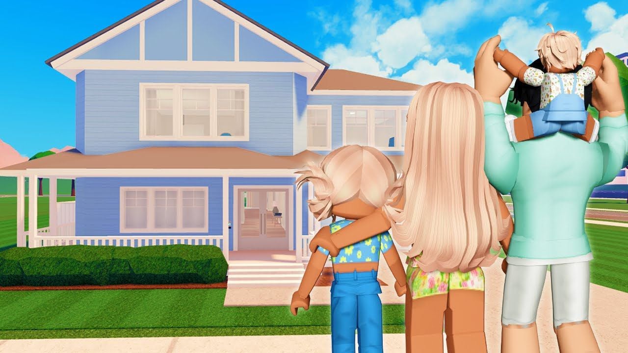 feature image for our berry avenue rp codes guide, the image features a roblox family with a baby looking upon their brand new blue house by the green grass