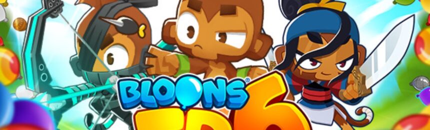 The featured image for our Bloons TD 6 tier list, featuring three characters from the game, such as the monkey, looking towards the camera mischeviously.