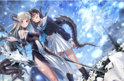 Feature image for our Blue Reflection Sun codes guide. It shows two of the characters stood together in a field of flowers.