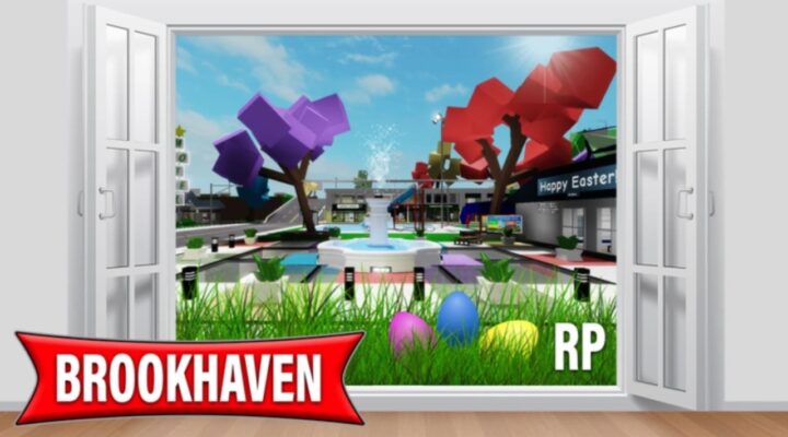 The featured image for our Brookhaven RP codes guide, featuring the open doors facing outwards of a house. Outside there is a garden with a water fountain and several different coloured trees (notably purple and red).