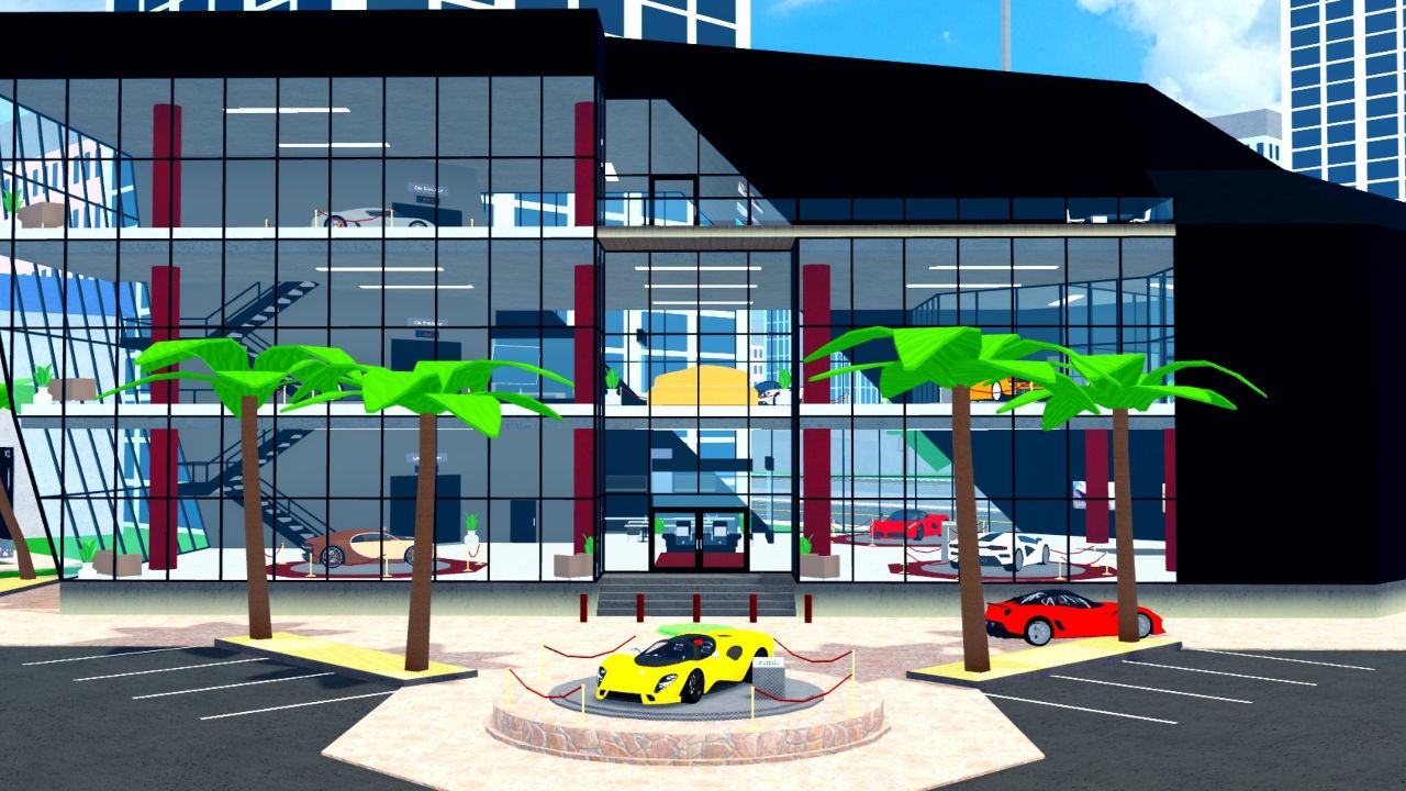 Feature image for our Car Dealership Tycoon codes guide. It shows a view from outside of a dealership, with cars on display.