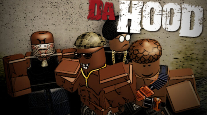 Da Hood characters posing in front of the logo