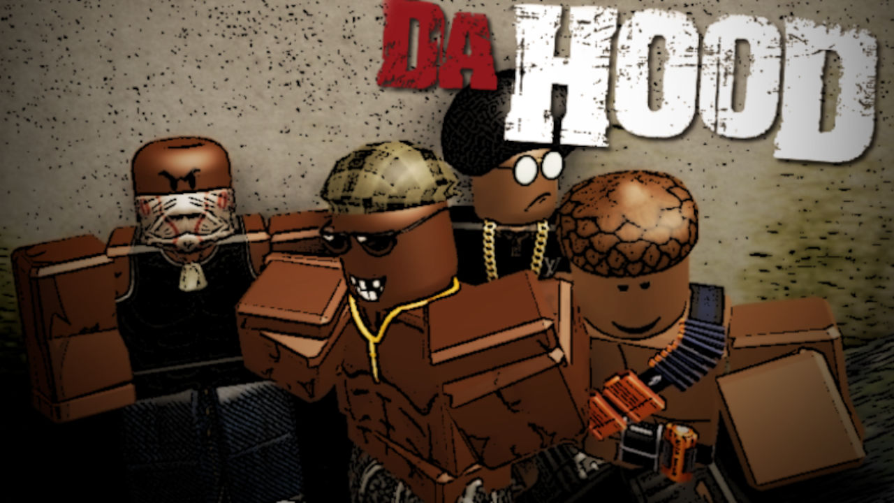 Da Hood characters posing in front of the logo