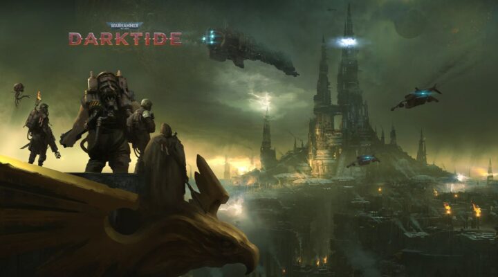 feature image for our darktide error codes guide, the image features the game's logo as well as some of the character overlooking a dark sci-fi cityscape
