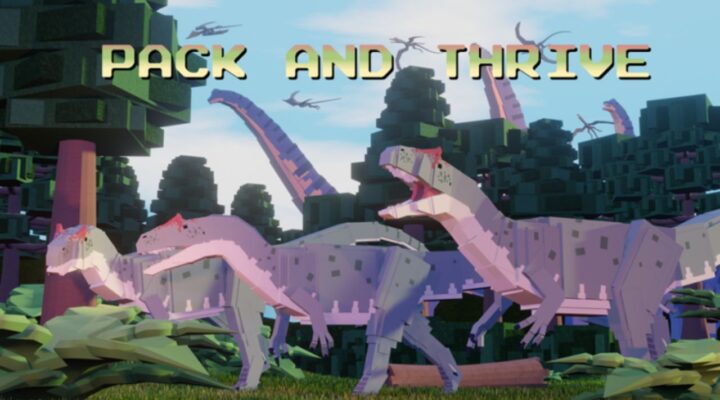 feature image for our dinosaur arcade codes guide, the image features some of the roblox dinosaurs walking through a forest with the text "pack and thrive" above