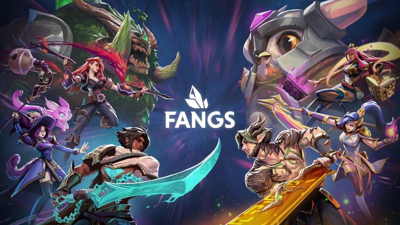 feature image for our fangs tier list guide, the image contains the game's logo as well as some of the characters around the sides of the screen as they wield their weapons
