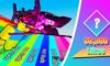 feature image for our flappy bird race codes guide, the image is a screenshot from the game, with a roblox character flying across colourful milestones labelled with a numerical amount of studs, the roblox character is also holding on to a flying shark
