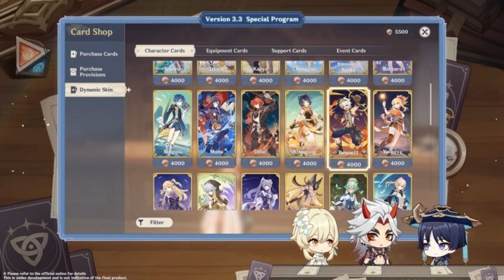 feature image for our genshin impact tcg tier list guide, the image features a screenshot from the 3.3 livestream, showcasing the dynamic skins you can buy for character cards