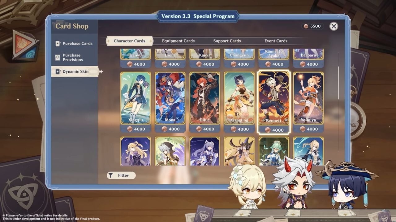 feature image for our genshin impact tcg tier list guide, the image features a screenshot from the 3.3 livestream, showcasing the dynamic skins you can buy for character cards