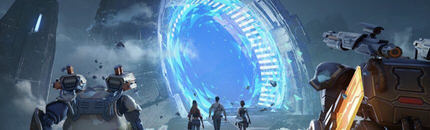 The featured image for our Last Fortress Underground codes guide, featuring three humans walking off in the distance towards a giant blue portal.