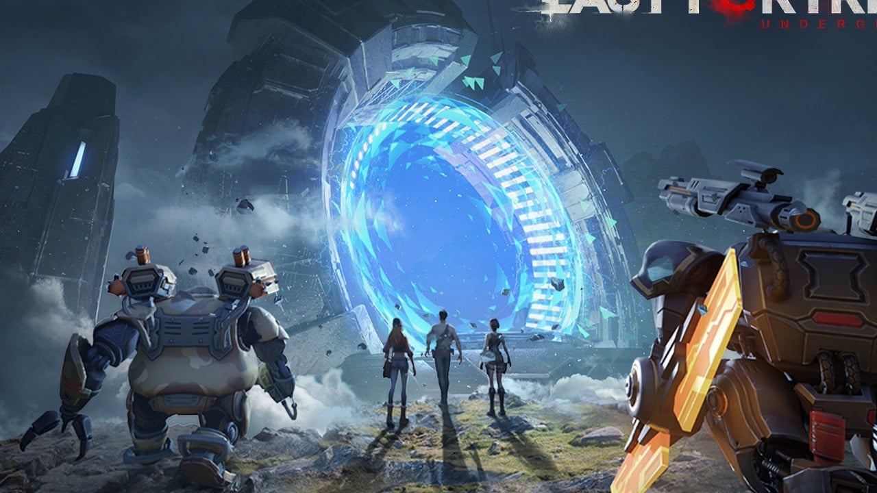 The featured image for our Last Fortress Underground codes guide, featuring three humans walking off in the distance towards a giant blue portal.