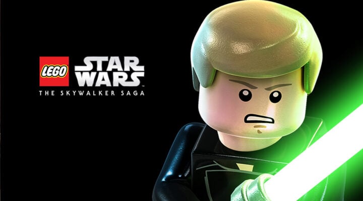 The featured image for our Lego Star Wars: The Skywalker Saga codes guide, featuring a Lego Luke Skywalker face the camera, illuminated by his green lightsaber.