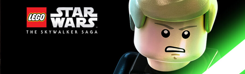 The featured image for our Lego Star Wars: The Skywalker Saga codes guide, featuring a Lego Luke Skywalker face the camera, illuminated by his green lightsaber.