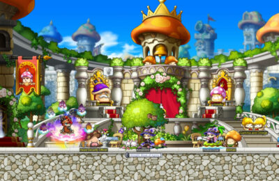 MapleStory characters chilling in town.
