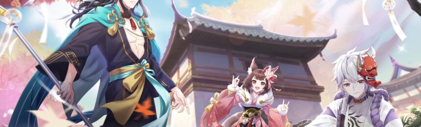 The featured image for our Miko Era: Twelve Myths codes guide, featuring three characters from the game looking at the camera as they stand outside of a building. They're in a grassy area, possibly a park and a bright blue sky shines above them.