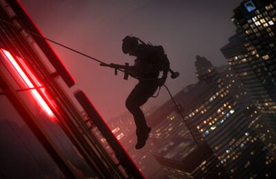 Modern Warfare 2 character rappelling down a building