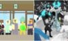 feature image for our npc tower defense codes guide, on the left are drawings of roblox characters standing by a green sign, with confused facial expressions, on the right is a monster with glowing blue horns, and another enemy in front, while a sad character holding a christmas present stands in the background, there is also snow in this drawing