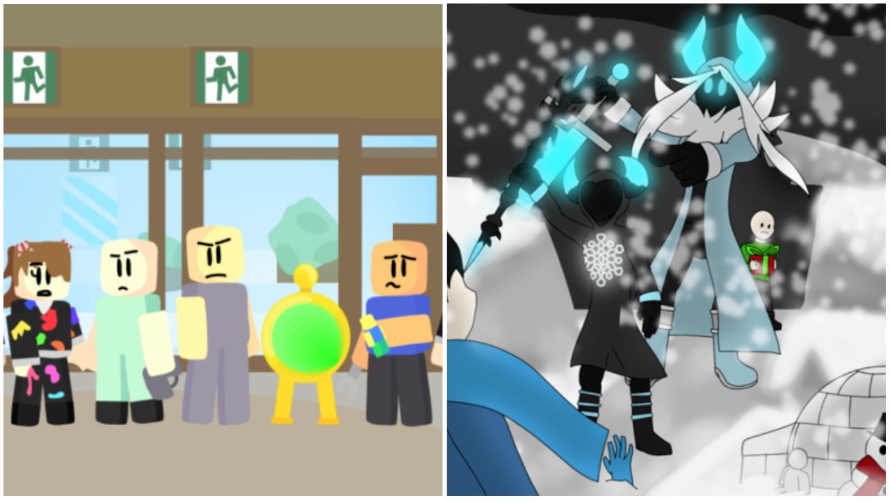 feature image for our npc tower defense codes guide, on the left are drawings of roblox characters standing by a green sign, with confused facial expressions, on the right is a monster with glowing blue horns, and another enemy in front, while a sad character holding a christmas present stands in the background, there is also snow in this drawing