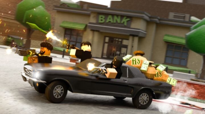 feature image for our ohio codes guide, the image features roblox characters in a car holding guns outside of a bank with money in the back of the car