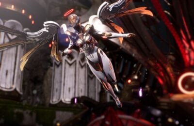 feature image for our paragon the overprime item list a white and gold robotic character with angel wings and a halo, flying across the screen with sci-fi structures