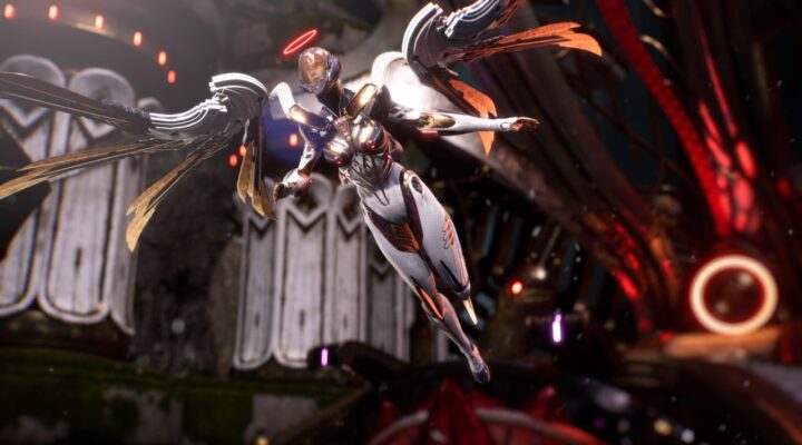 feature image for our paragon the overprime item list a white and gold robotic character with angel wings and a halo, flying across the screen with sci-fi structures