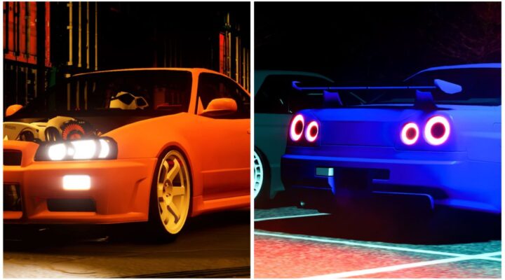feature image for our peak drift codes guide, on the left is an orange car with the front headlights on, on the right is a blue car with the back lights on