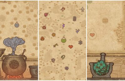 feature image for our potion effects guide, the image features screenshots from the game including a bubbling cauldron with fire, the map from the game with a variety of effect symbols, and a drawing of a mortar with crushed ingredients