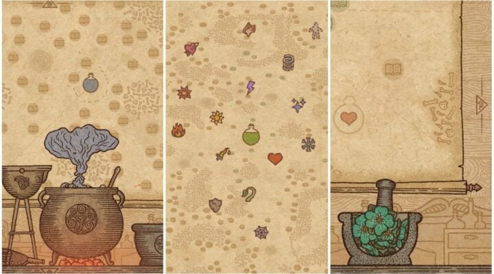 feature image for our potion effects guide, the image features screenshots from the game including a bubbling cauldron with fire, the map from the game with a variety of effect symbols, and a drawing of a mortar with crushed ingredients