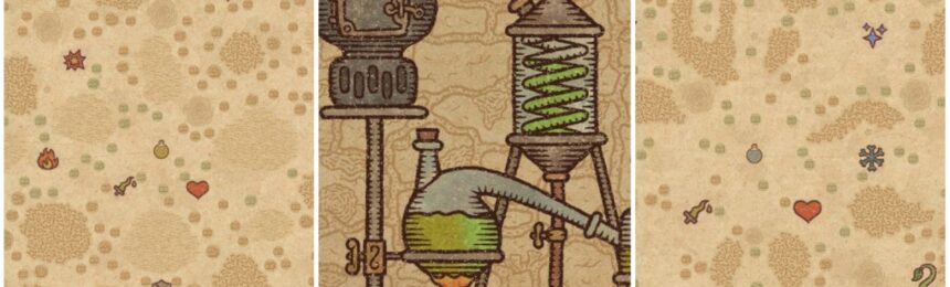feature image for our potion craft maps guide, there are two screenshots of the oil and water maps in the game, featuring a variety of symbols, there is also a screenshot of a medieval drawing of alchemy equipment