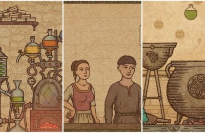 feature image for our potion craft recipes guide, the image features medieval style drawings of alchemy equipment including a cauldron, with 2 drawings of people in medieval style clothing