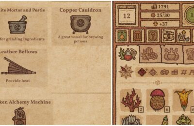 feature image for our potion craft shop upgrades guide, the image features a screenshot of the shop upgrades menu from the game as well as the inventory