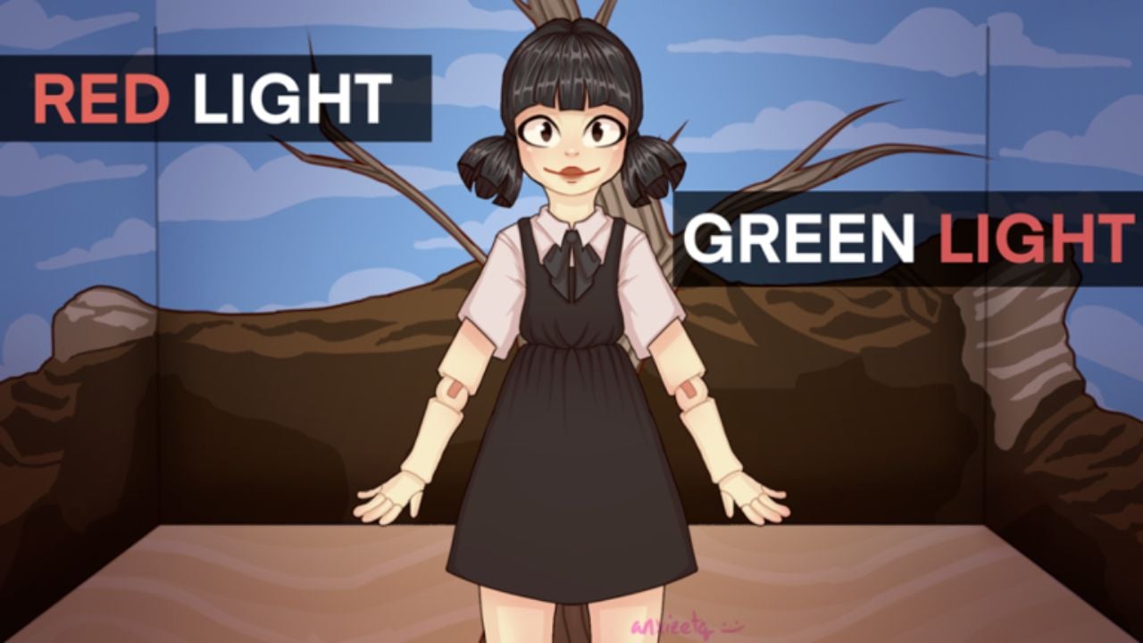 Feature image for our Red Light, Green Light codes guide. It shows a large doll stood against a stage backdrop.