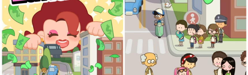feature image for our rent please landlord sim codes guide, the image features a promotional drawing for the game with cartoon buildings and people, with the landlord above them with green money, there is also a screenshot of one of the streets from the game, as residents walk along the path with green money floating downwards