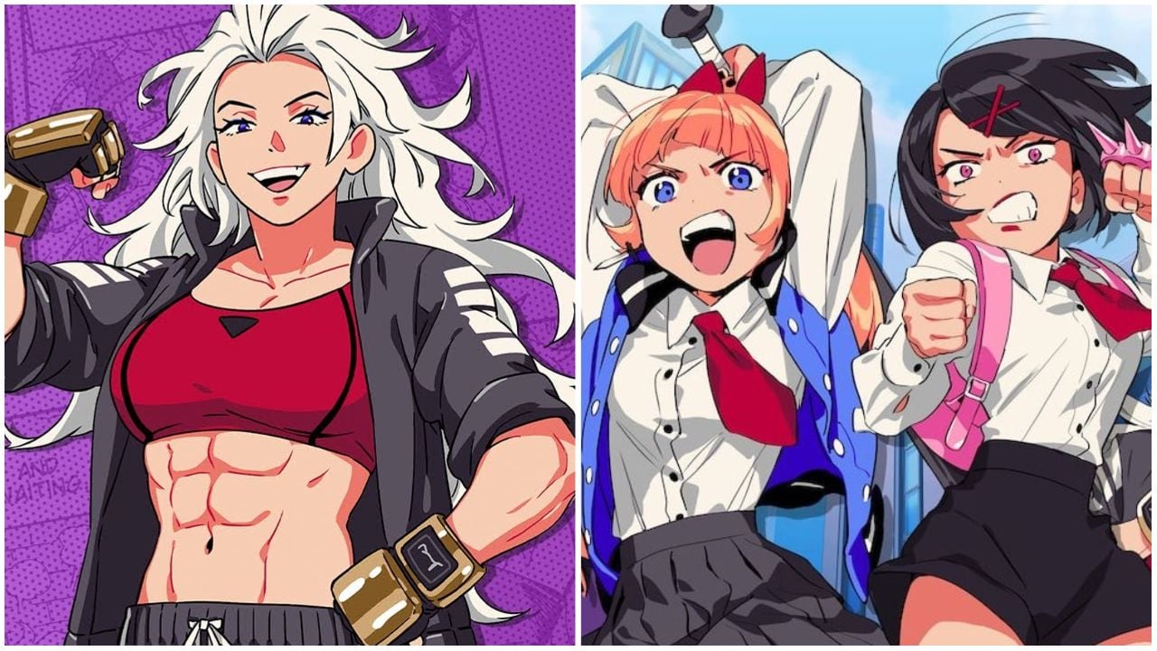 feature image for our river city girls 2 characters guide, the image features anime drawings of some of the characters from the game, as one flexes their muscles, and the others are posing in their battle stance