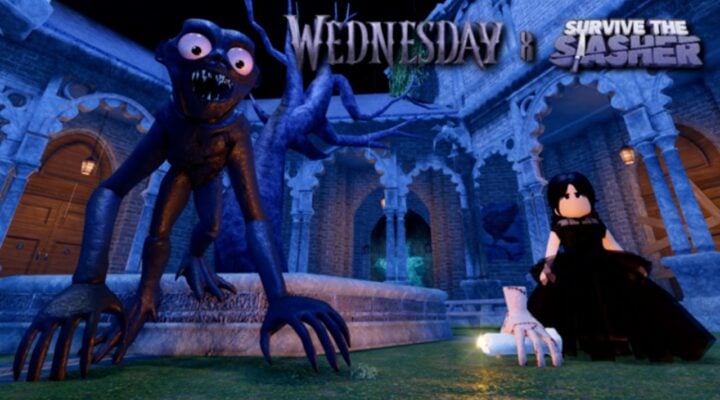 Feature image for our Survive The Slasher codes guide. It shows a Roblox version of the Addams family character Wednesday next to a monster in a garden.