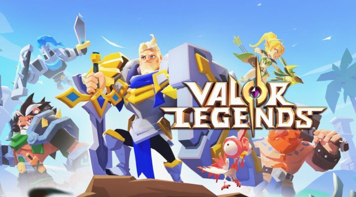 feature image for our valor legends codes guide, the image features the game's logo as well as some of the characters from the game, with a blue background