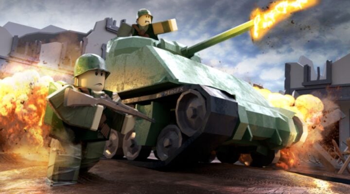 Feature image for our War Simulator codes guide. It shows two Roblox figures in combat uniform, one inside a tank.