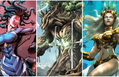 feature image for our x-hero codes guide, the image features three comic book style characters, on the left is medusa, then a tree, and then poseidon