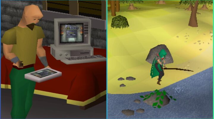 feature image for our OSRS diango codes guide, the image features old school runescape character models as one stands next to a computer and another stands by a lake and fishes