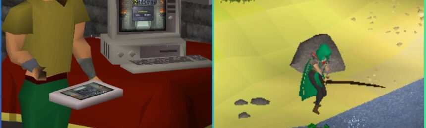 feature image for our OSRS diango codes guide, the image features old school runescape character models as one stands next to a computer and another stands by a lake and fishes