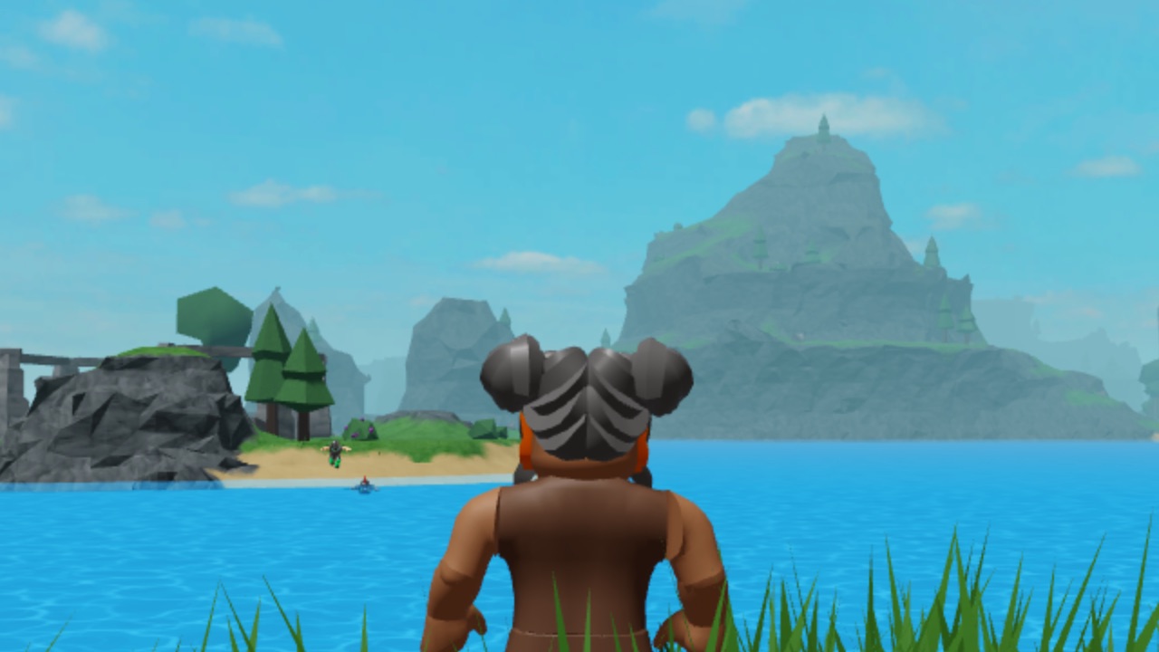 The featured image for our The Survival Game Bluesteel guide, featuring a Survival Game looking out at the expansive landscape of the game. The lanscape includes a lake, with mountains following.