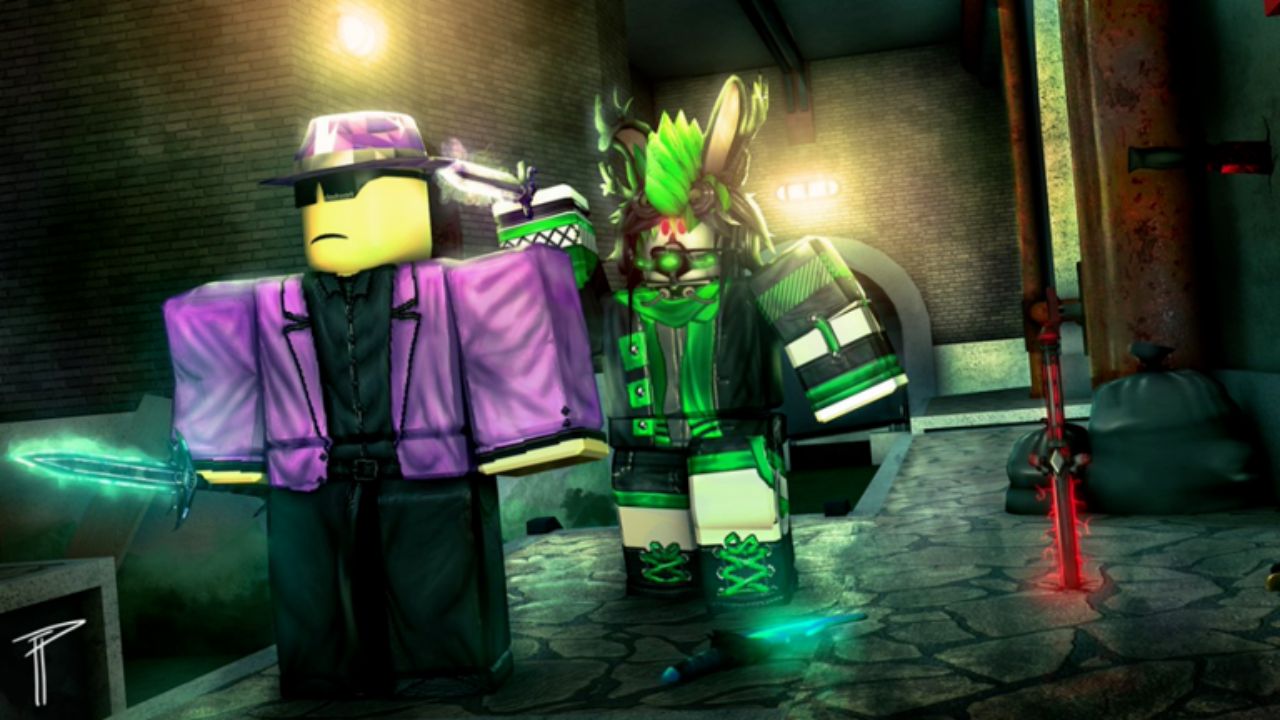 Feature image for our Assassin! codes guide. It shows a Roblox characters stood in an alley while another sneaks up behind him with a knife.