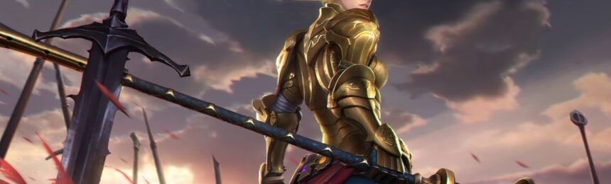 Feature image for our Awaken Legends tier list. It shows a blonde woman in gold armor against a cloudy sky.