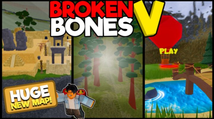 The featured image for our Broken Bones 5 codes guide, featuring three different screenshots of the different biomes of the game; forest, desert, and swamp.