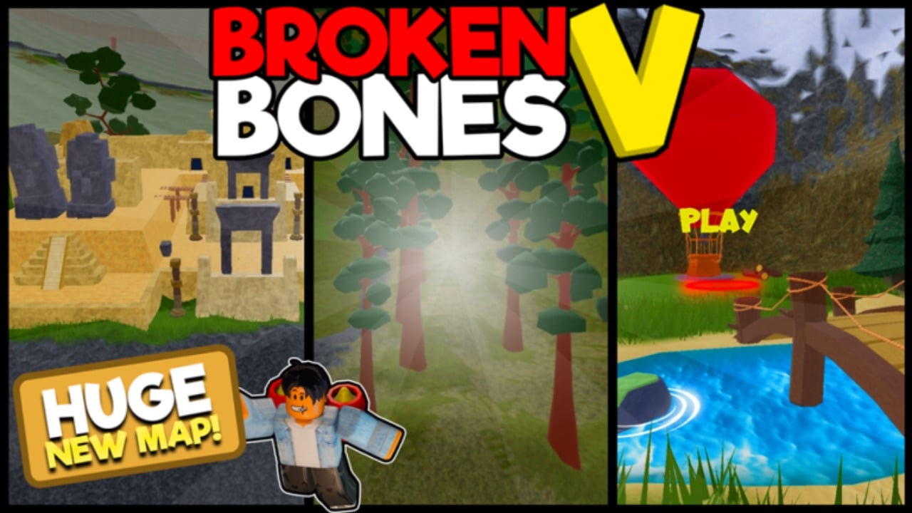 The featured image for our Broken Bones 5 codes guide, featuring three different screenshots of the different biomes of the game; forest, desert, and swamp.