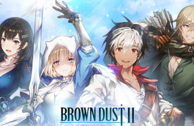 Brown Dust 2 characters posing for the camera behind the official logo.