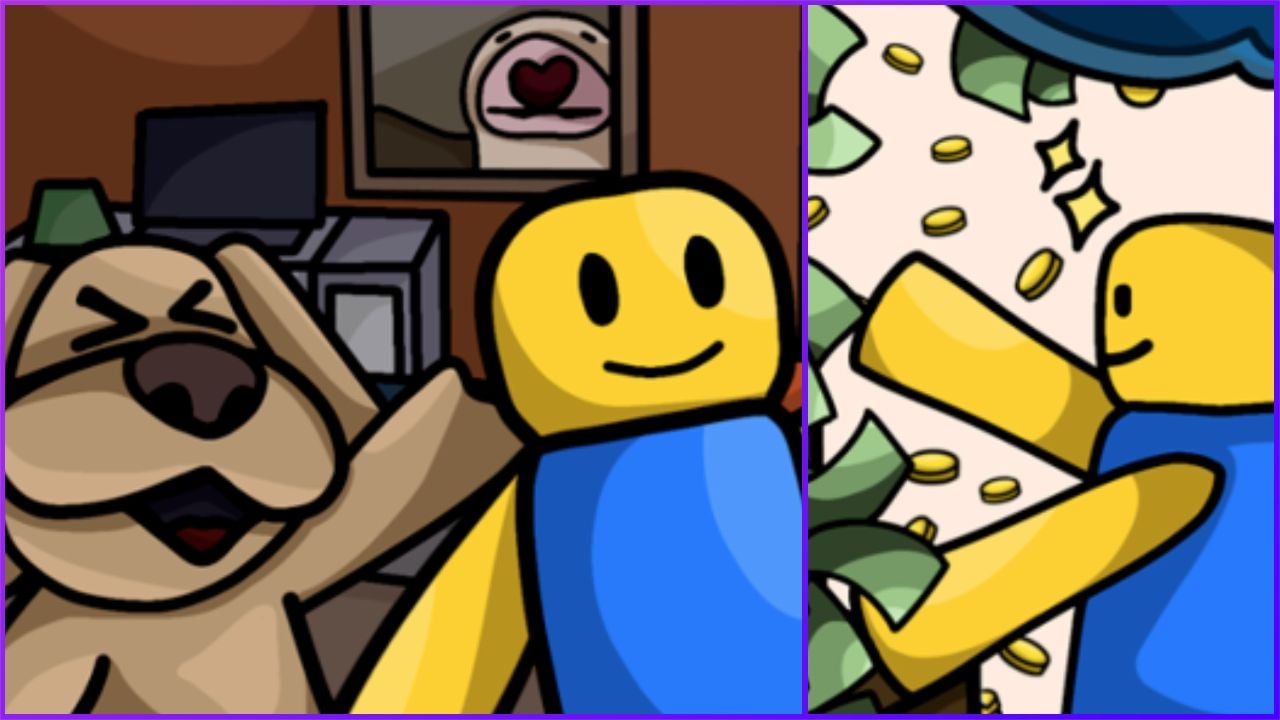 feature image for our buy your friend back tycoon codes guide, the image features promo art for the game with drawings of a roblox character taking a selfie with a dog, as well as a roblox character throwing cash notes and coins